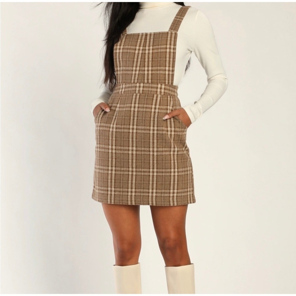 Lulus Plaid To Be Yours Brown Pinafore Mini Dress Medium Square Neck‎ Fall